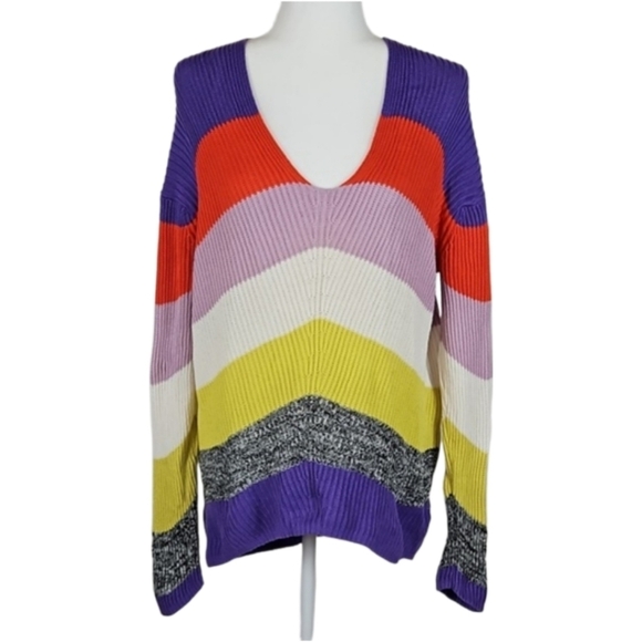Express Colorful Stripe Sweater Purple Orange White Lime Gray, M - Picture 1 of 7